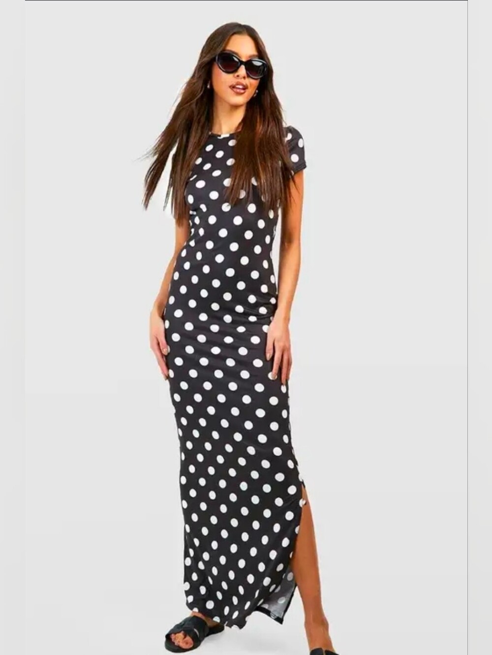 Boohoo Black Polka Dot Rockabilly Pin Up Bodycon Maxi Dress US 10